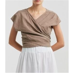 Miranda Bennett Studio Hassinger Brown Gray Linen Cotton Blend Wrap Top